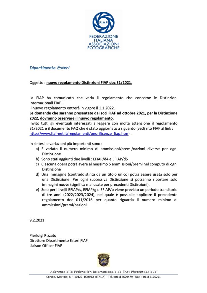 2021 02feb 10 Comunicazione nuovo regolamento Distinzioni FIAP